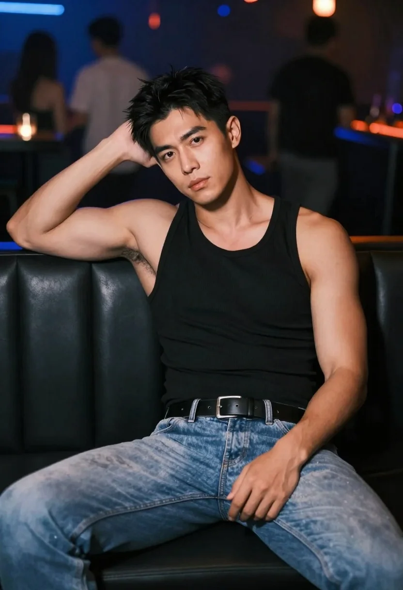 Muscular Man With Dark Hair Sits Confidently Black Leather Couch