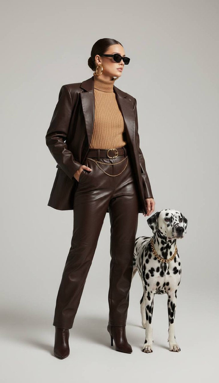 A confident model poses in a minimalist studio wearing a dark brown faux leather blazer, tan turtleneck, with a Dalmatian dog beside her.