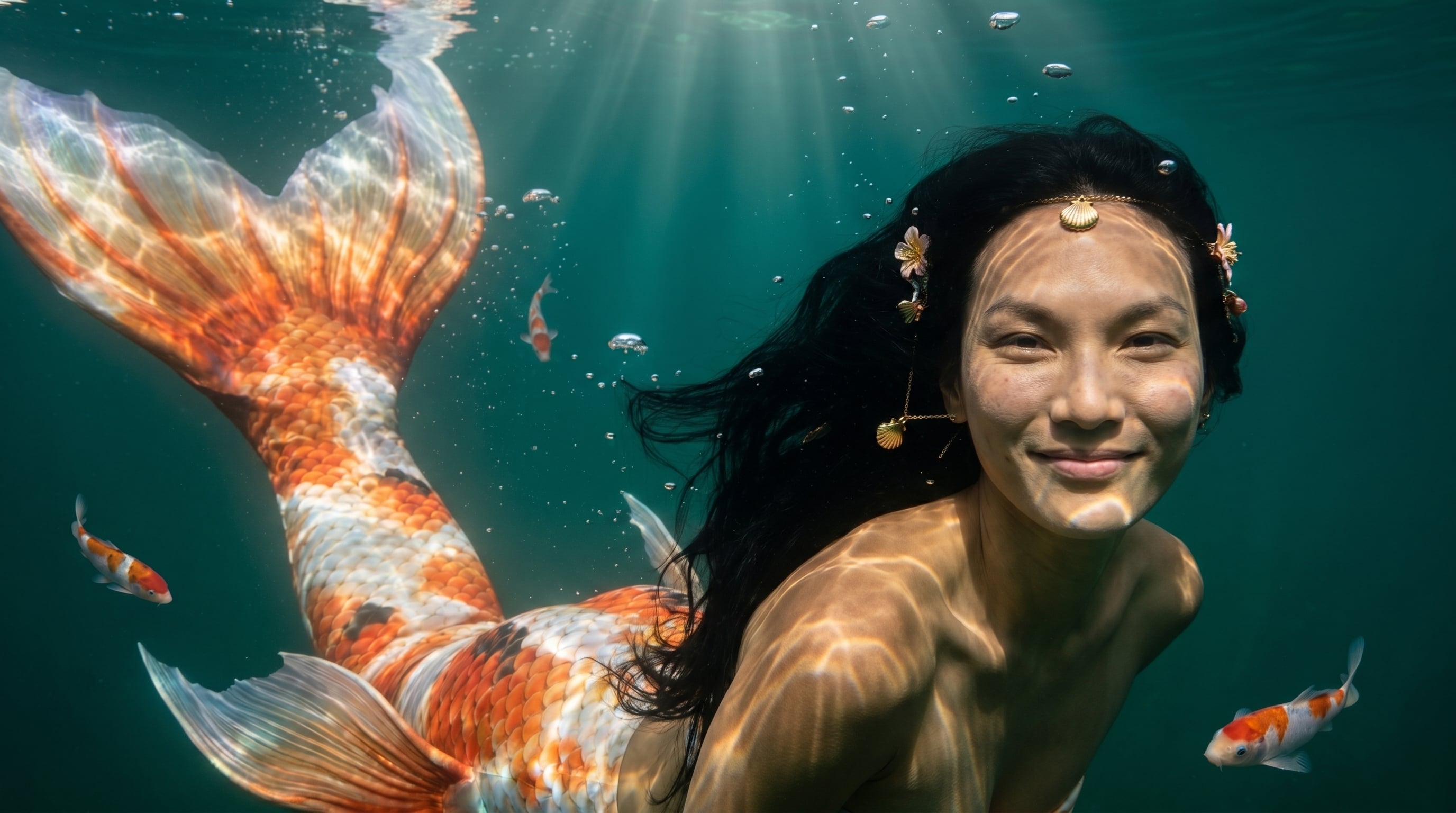 Mermaid Swimming In Deep Clear Teal Water With Koi
