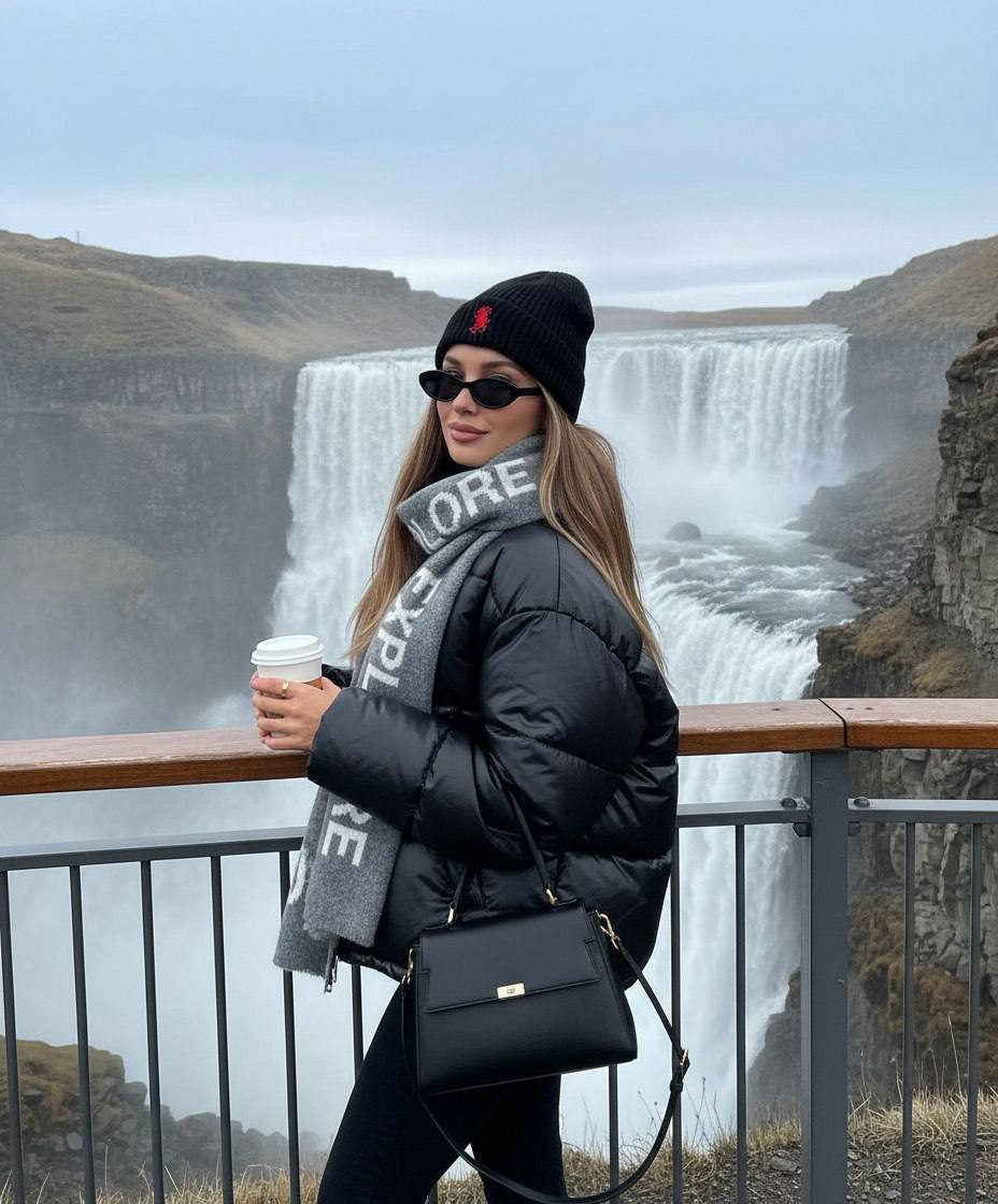 A woman with a soft smile stands at a railing, overlooking a massive icy waterfall with rocky cliffs and mist.