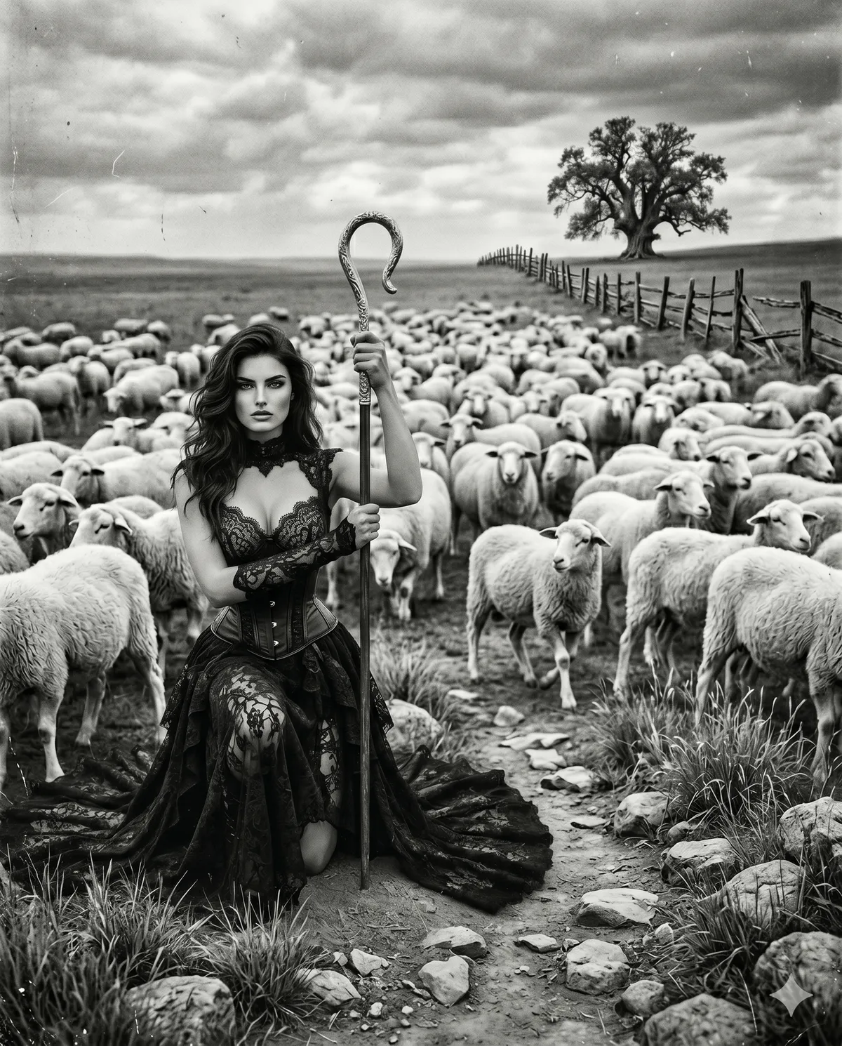 Gothic Lace Corset Kneeling In Grassy Field With Sheep