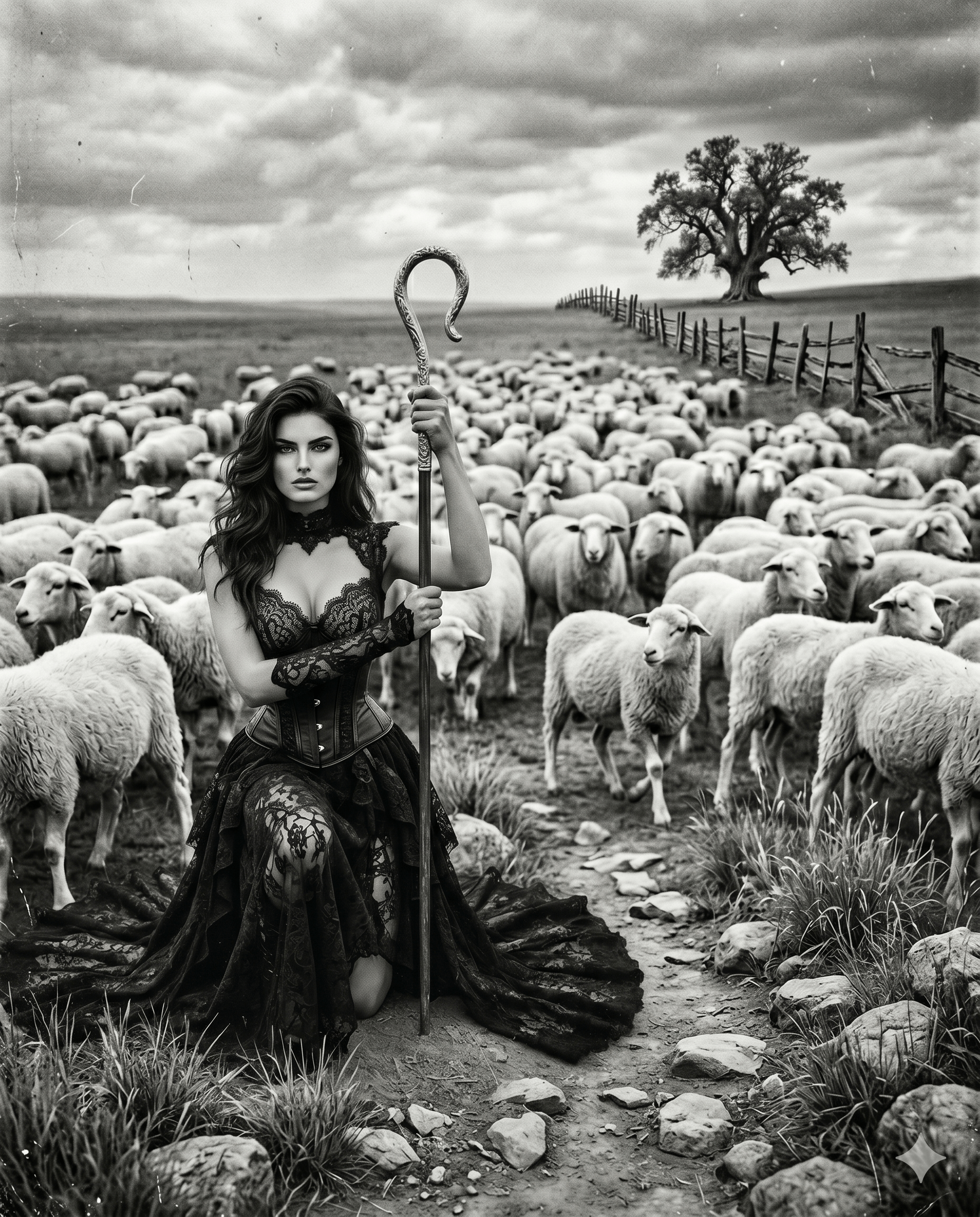 Gothic Lace Corset Kneeling In Grassy Field With Sheep