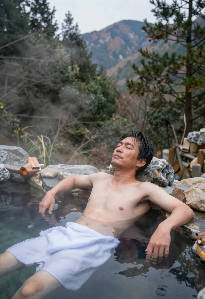 Tranquil Japanese Onsen Retreat Scene Serene Man Soaking Misty Outdoor