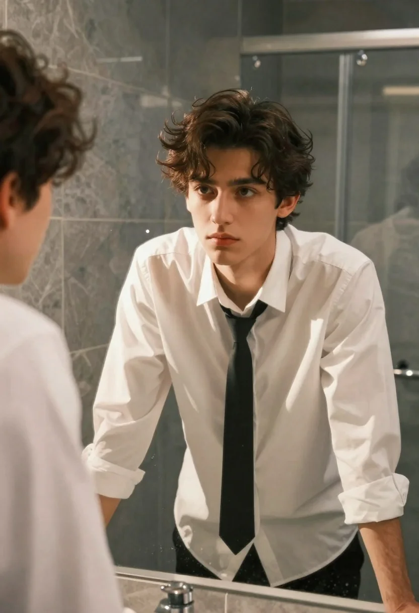 A young man with tousled dark brown hair leans forward over a bathroom mirror, gazing at his reflection in warm sunlight.