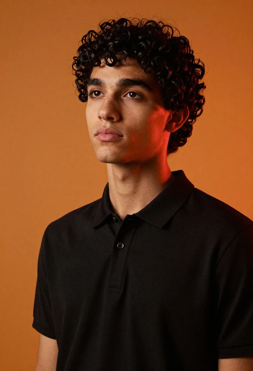 Portrait of a young man with dark curly hair against a vibrant orange background, illuminated by warm ambient light.
