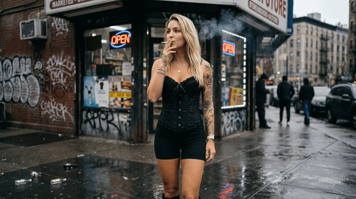 Street Style Portrait Woman Smoking Outside Corner Store