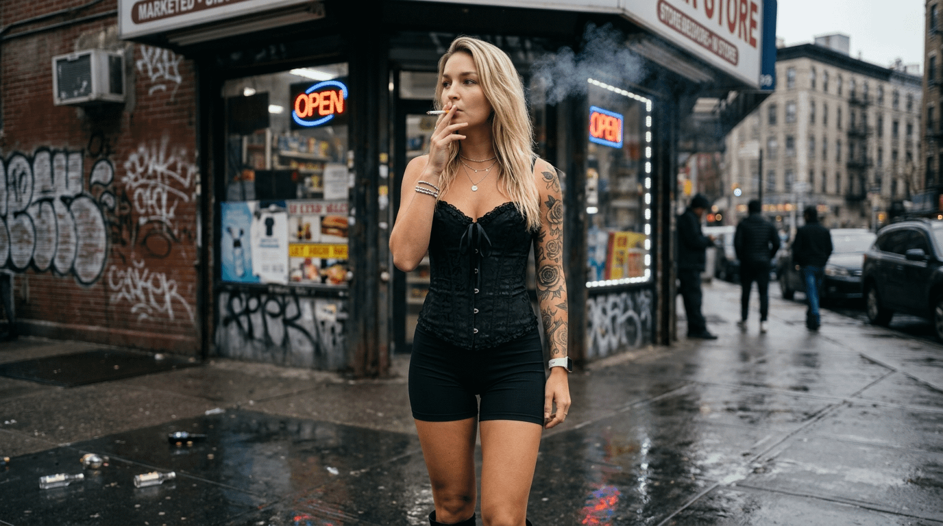 Street Style Portrait Woman Smoking Outside Corner Store