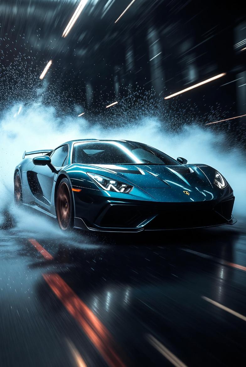 A luxury sports car with glossy paint reflecting sharp highlights, surrounded by rain droplets and mist in a studio setting.