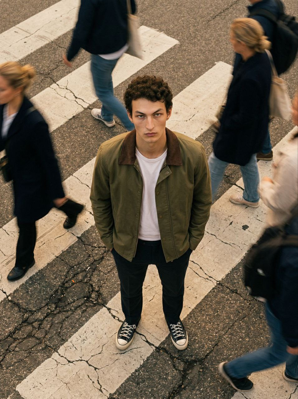 An ultra-realistic portrait of a man standing on a cracked pedestrian crossing, looking up with a serious expression, in an urban setting.