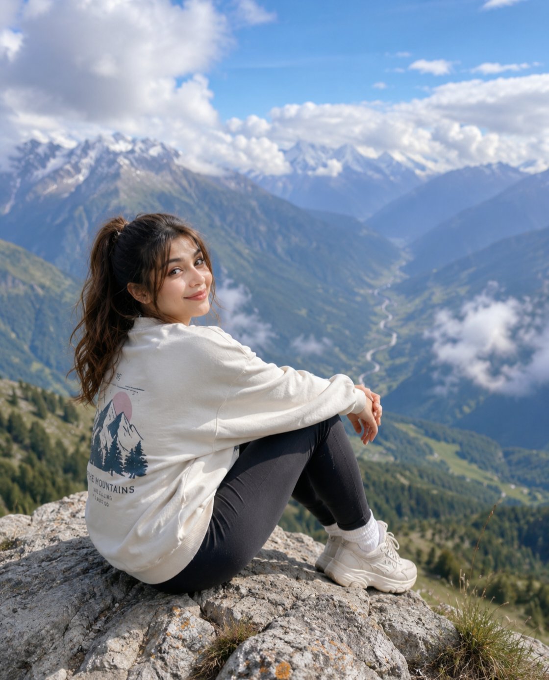 A woman with brown hair in a ponytail sits serenely on a rocky mountain peak wearing a light sweater and dark leggings, overlooking an alpine valley.