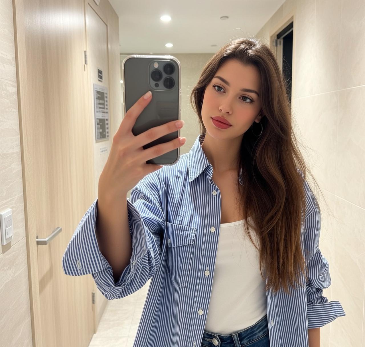 Explore Taking Selfie Hallway Holding Smartphone Her