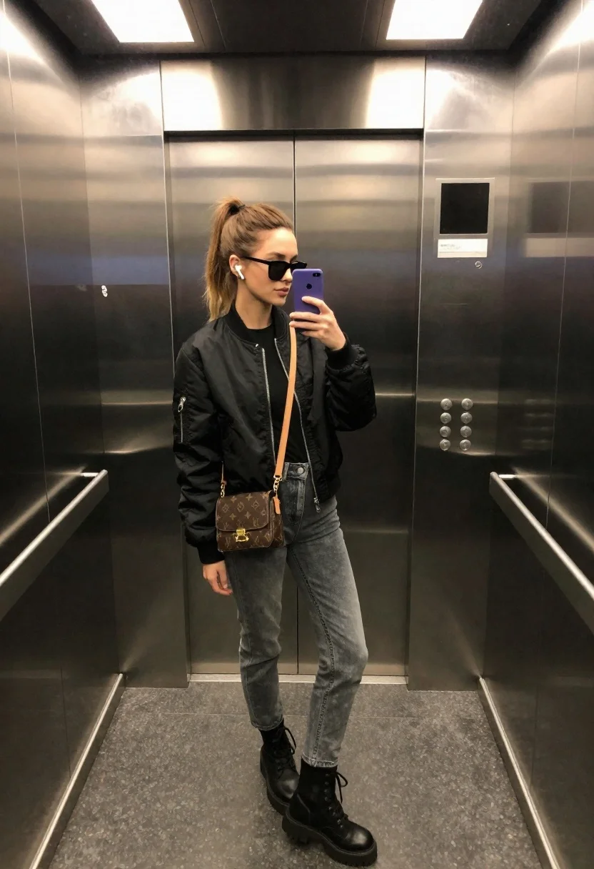 Young Woman With High Ponytail Takes Mirror Selfie Inside Modern reference photo
