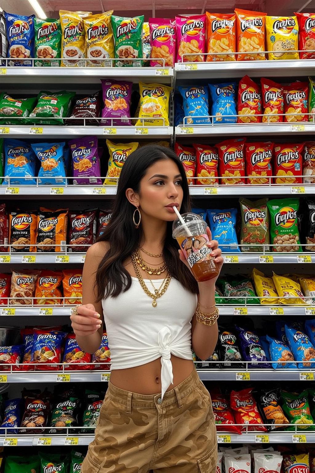 Explore Stands Aisle Brightly Lit Supermarket Her