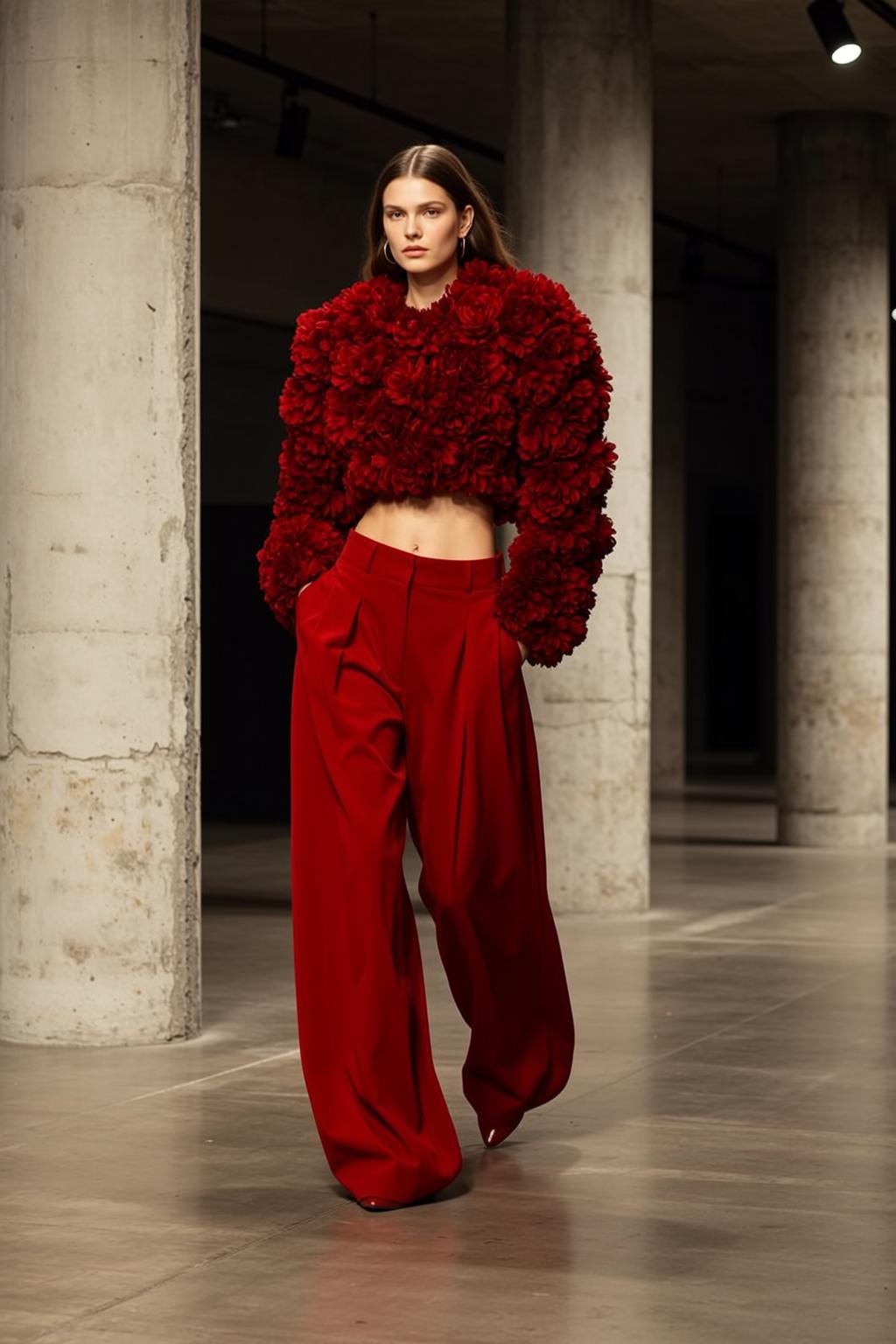 Red Jacket Floral Runway Walk Concrete Pillars