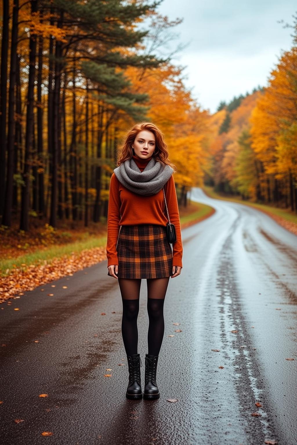 Autumn Stands Centered Wet Asphalt Road Facing