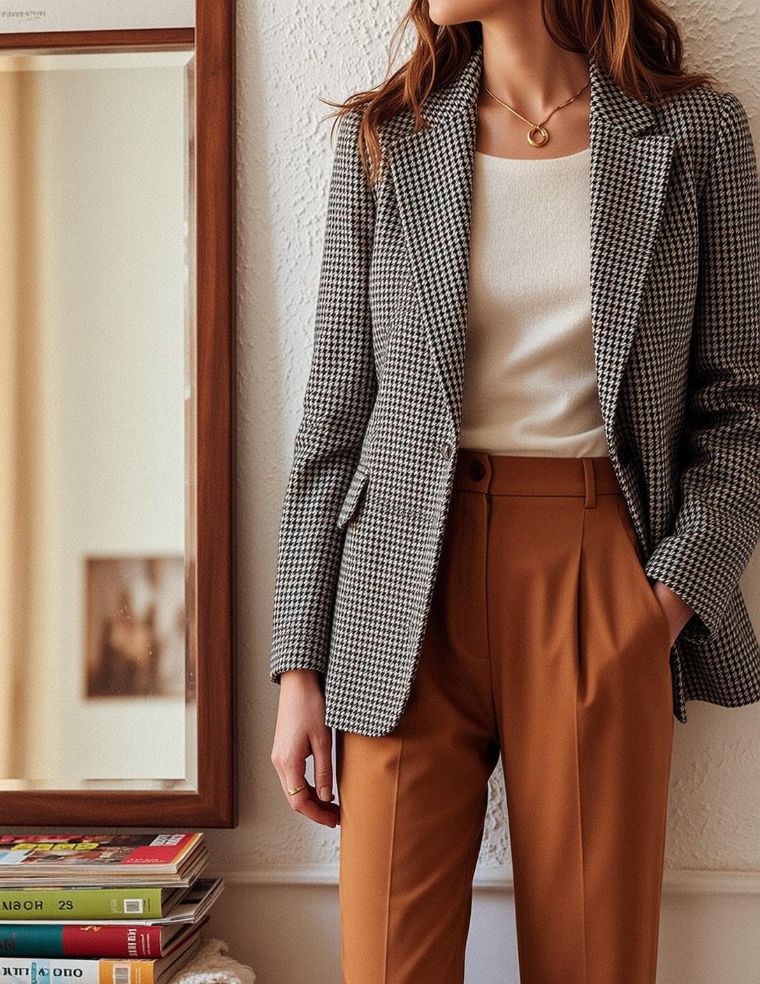 Autumn Brown Wavy Fair White Crew Neck