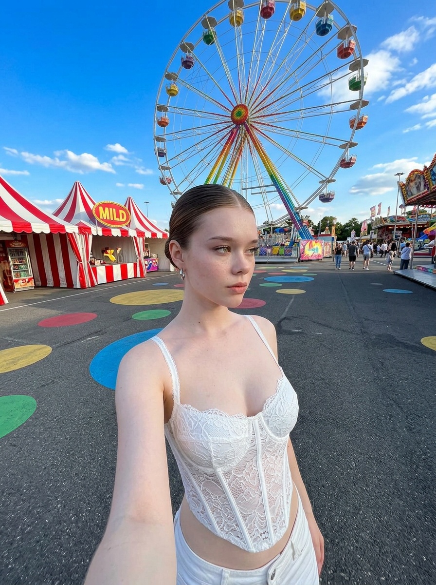 White Lace Corset Ferris Wheel Selfie