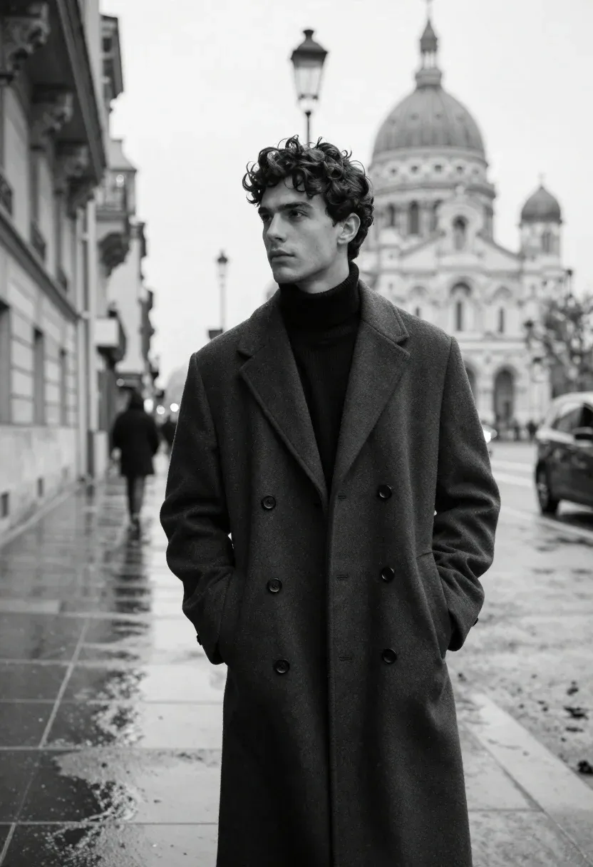 Cinematic Black And White Portrait Young Man With Dark Curly