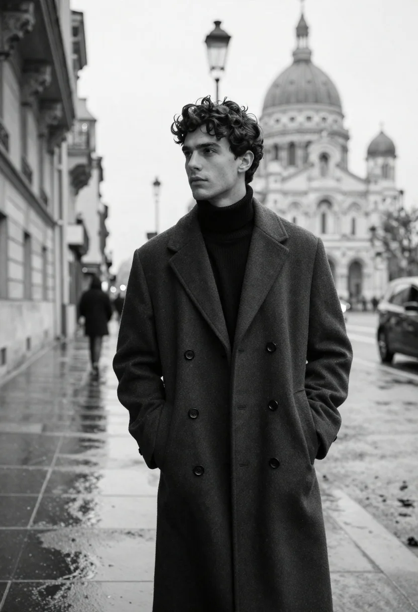 Cinematic Black And White Portrait Young Man With Dark Curly