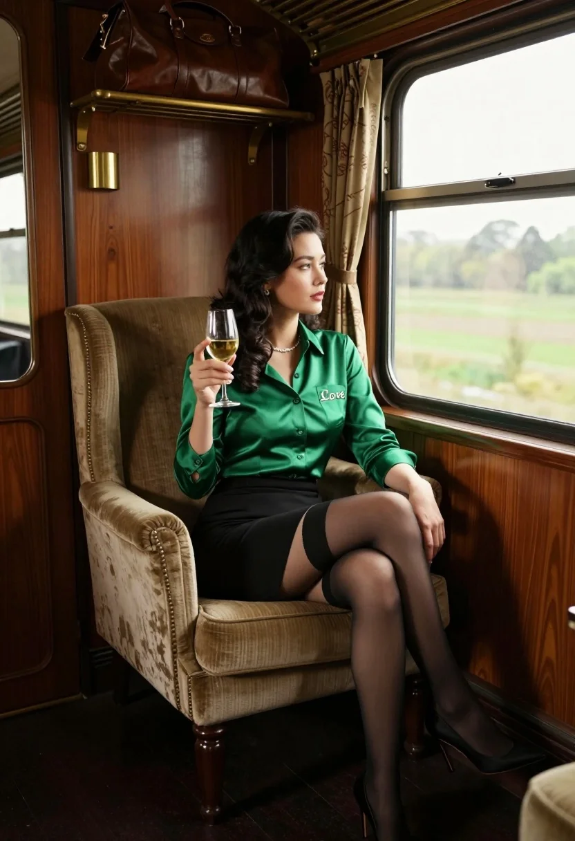 Woman Sits Elegantly Plush Armchair Inside Vintage Train Carriage Holding