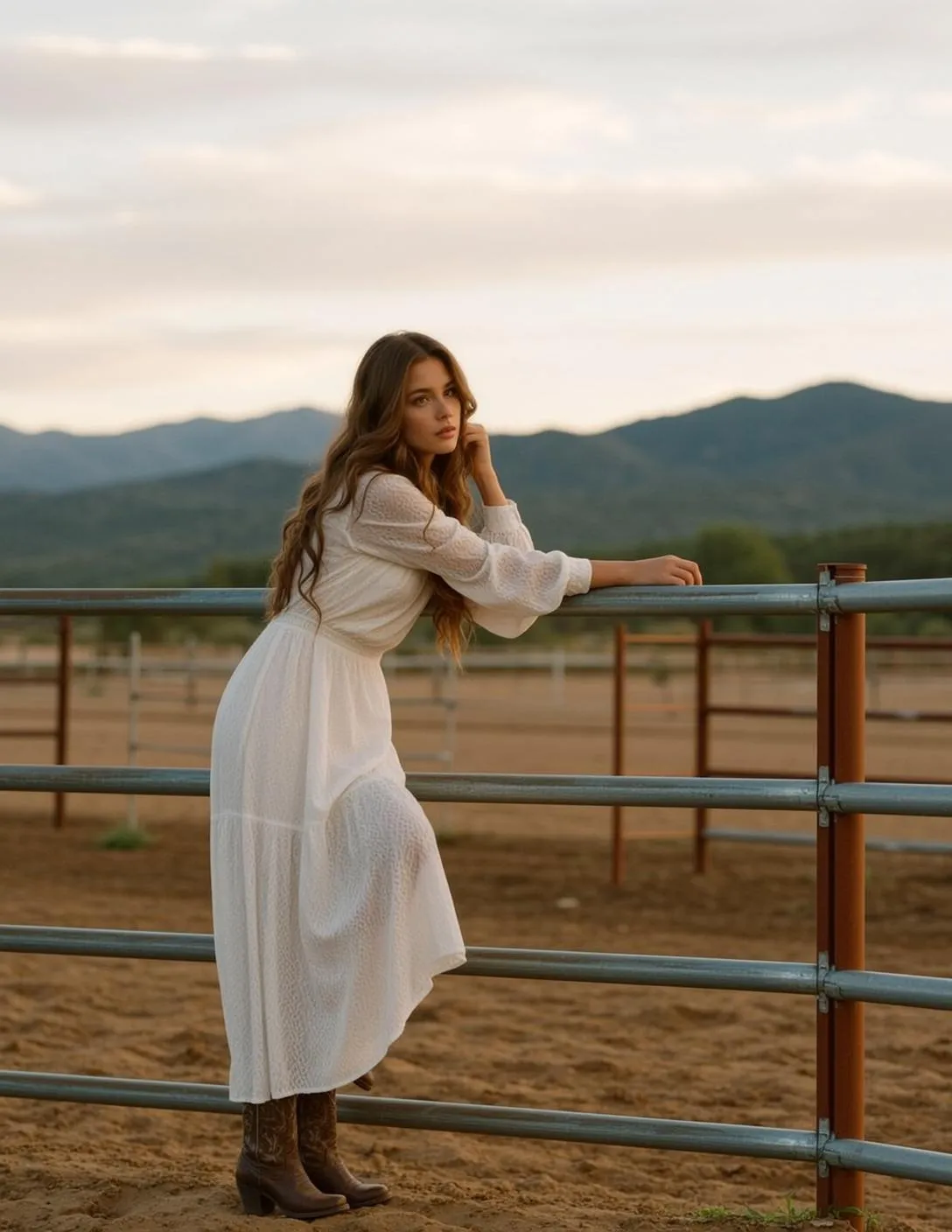 Cowgirl Leaning Against Metal Fence Her Right
