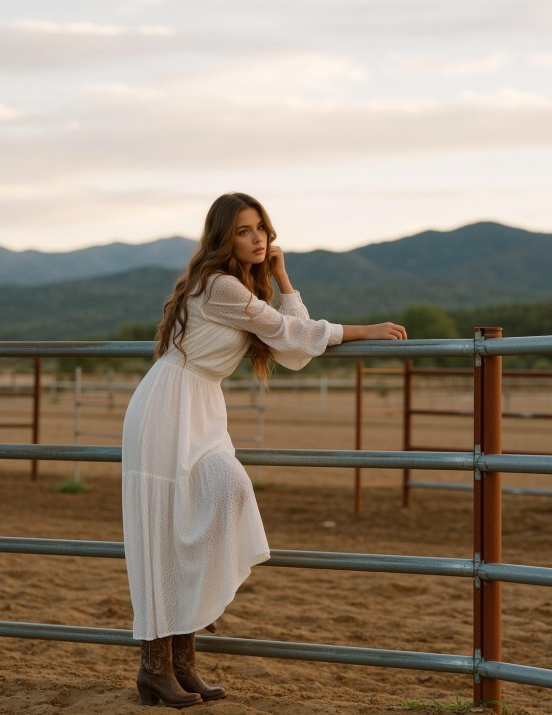 Cowgirl Leaning Against Metal Fence Her Right