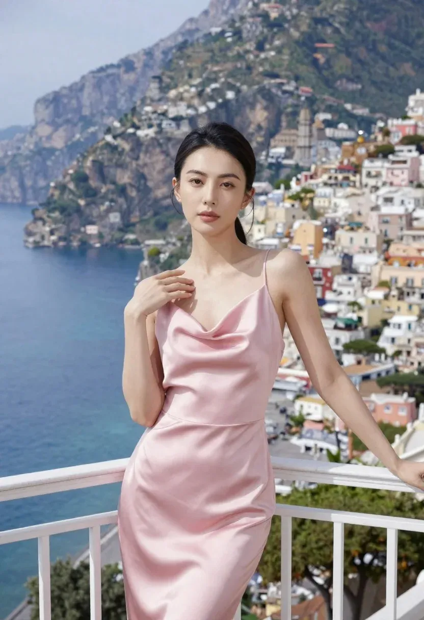 Woman Stands Balcony Overlooking Coastal Town Nestled Against Steep Mountains