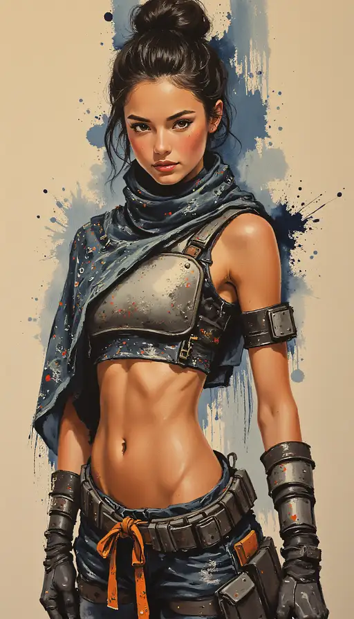 A pop surrealist painting of a video game heroine in fantastical armor, with stylized abdominal muscles and digital-patterned fabric.