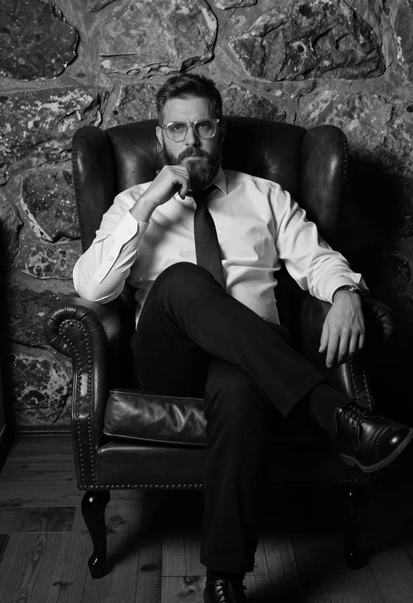 Man Sits Dark Leather Armchair Against Rough Stone Wall Subject