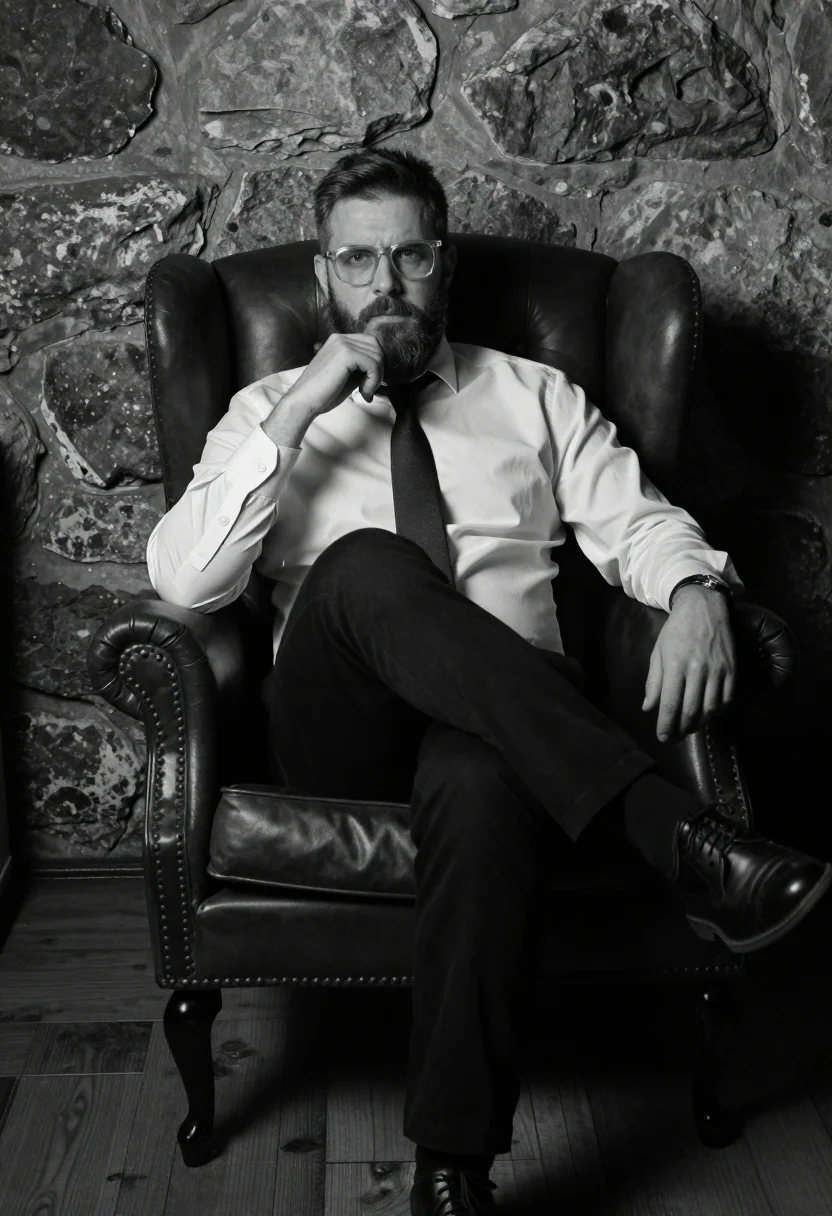Man Sits Dark Leather Armchair Against Rough Stone Wall Subject