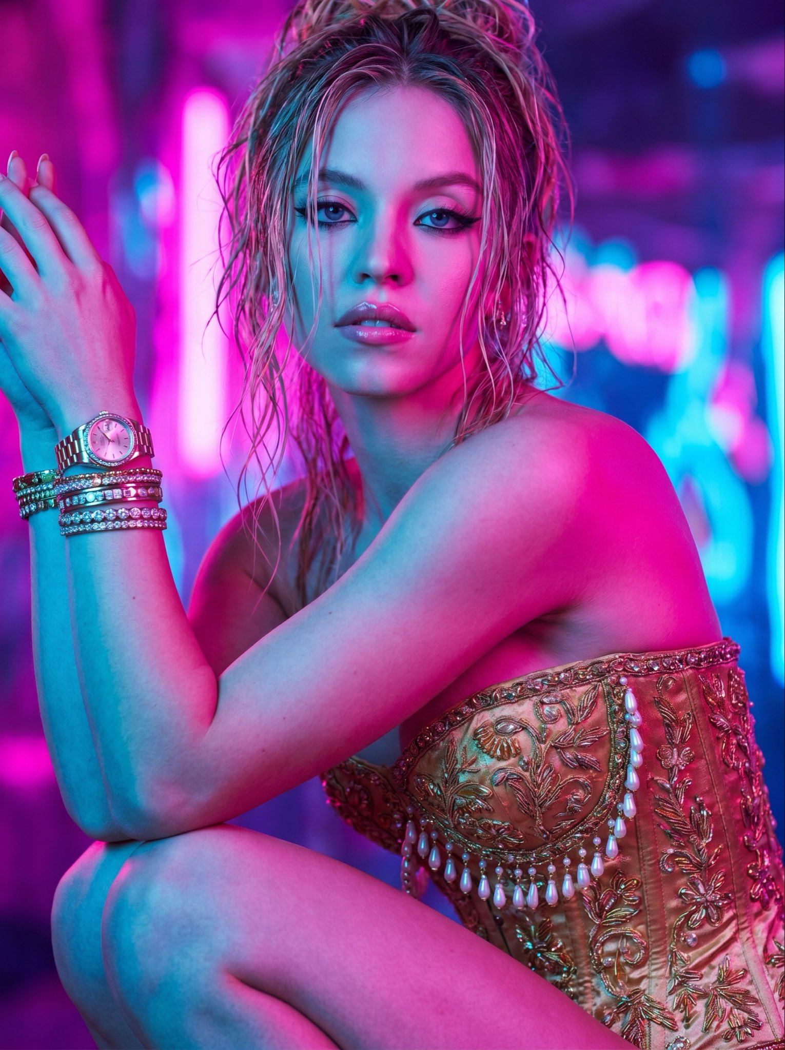 Ornate Corset Nightclub Neon Lights Crouched Pose