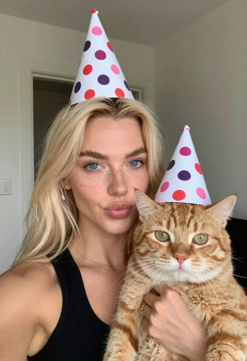 Selfie Woman Holding Orange Cat Indoors Both Wearing Festive Party reference photo