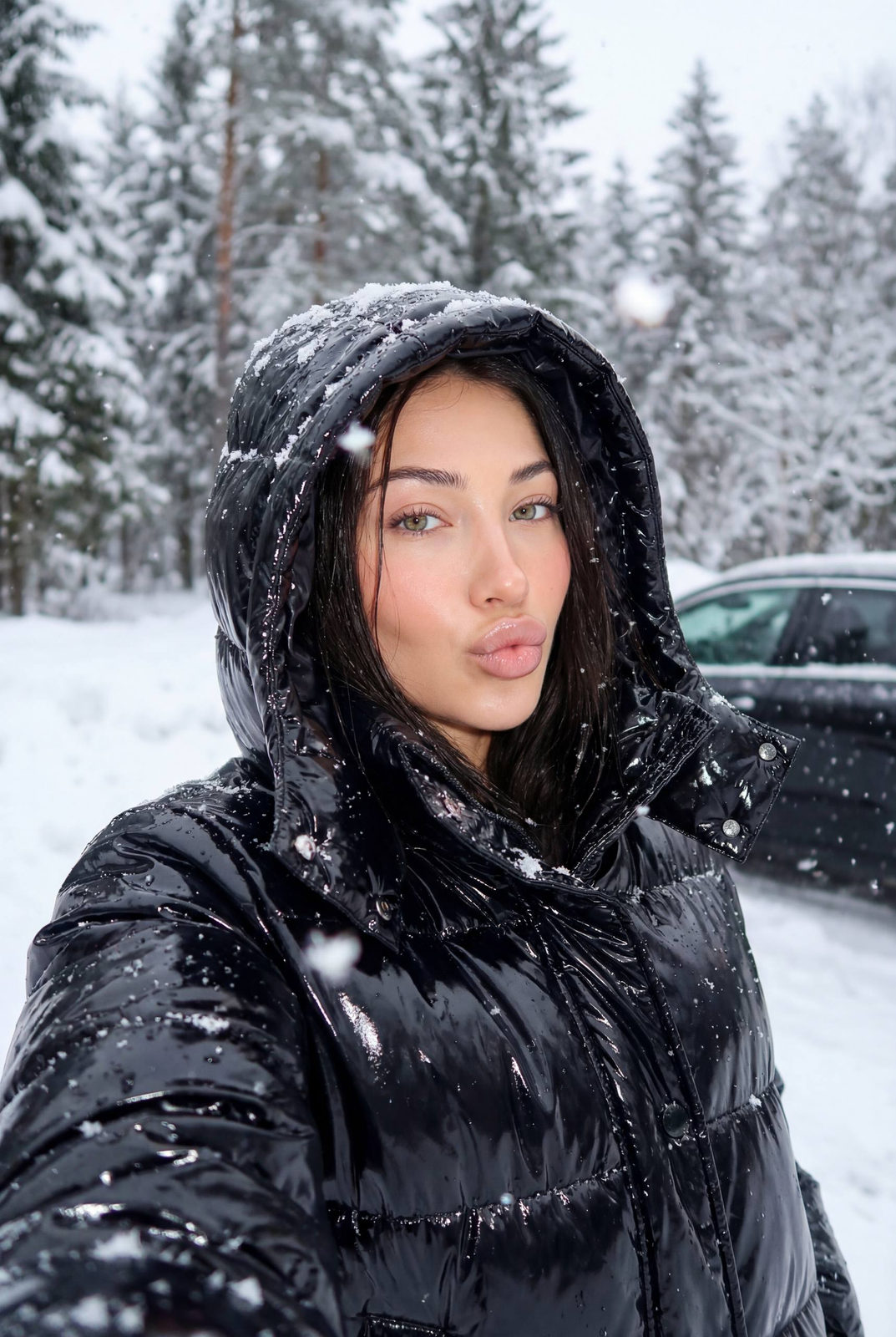 Hyper-realistic winter selfie of a woman in a glossy black puffer jacket, snowflakes softly blurred in the background.
