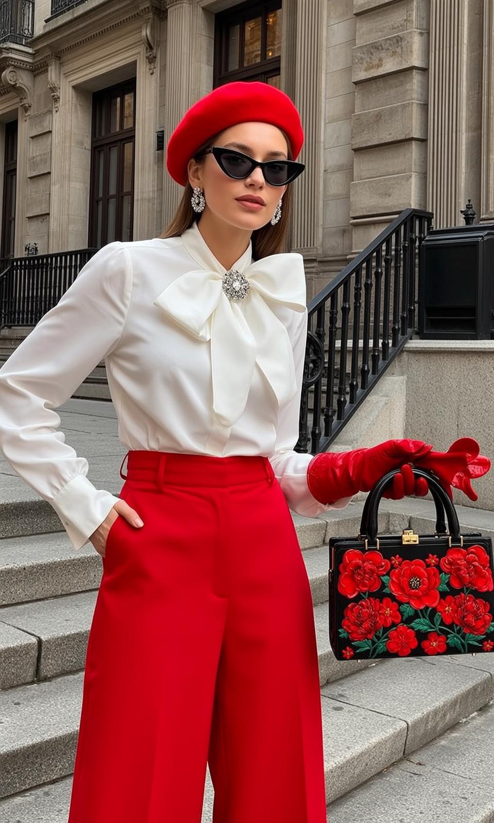 Red Pants White Blouse Stone Stairs