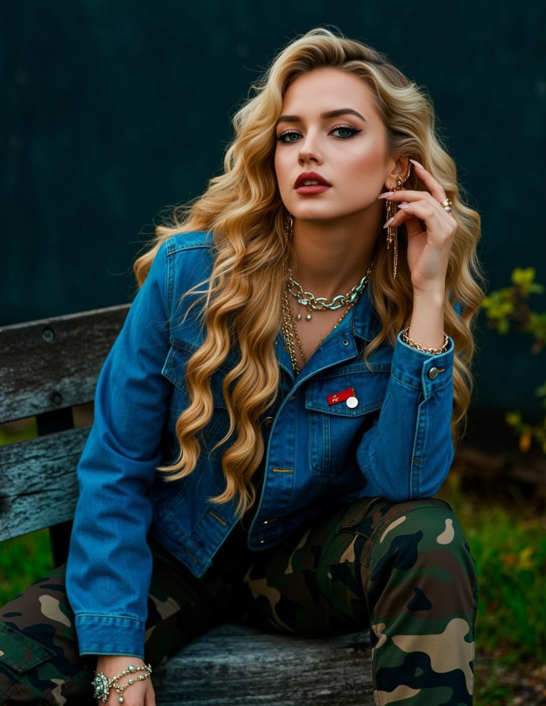Blonde Woman Park Bench Gold Jewelry Denim