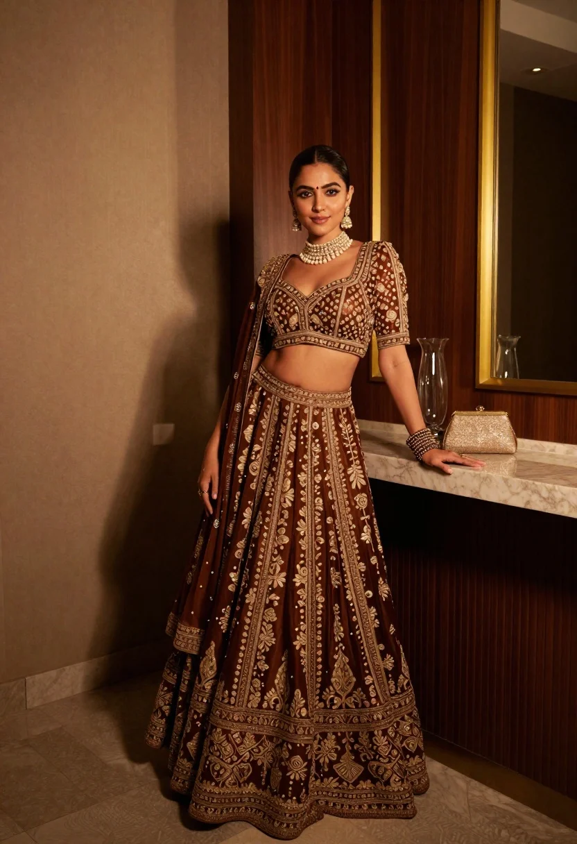 Confident Woman Stands Dimly Lit Interior Space Wearing Ornate Traditional reference photo
