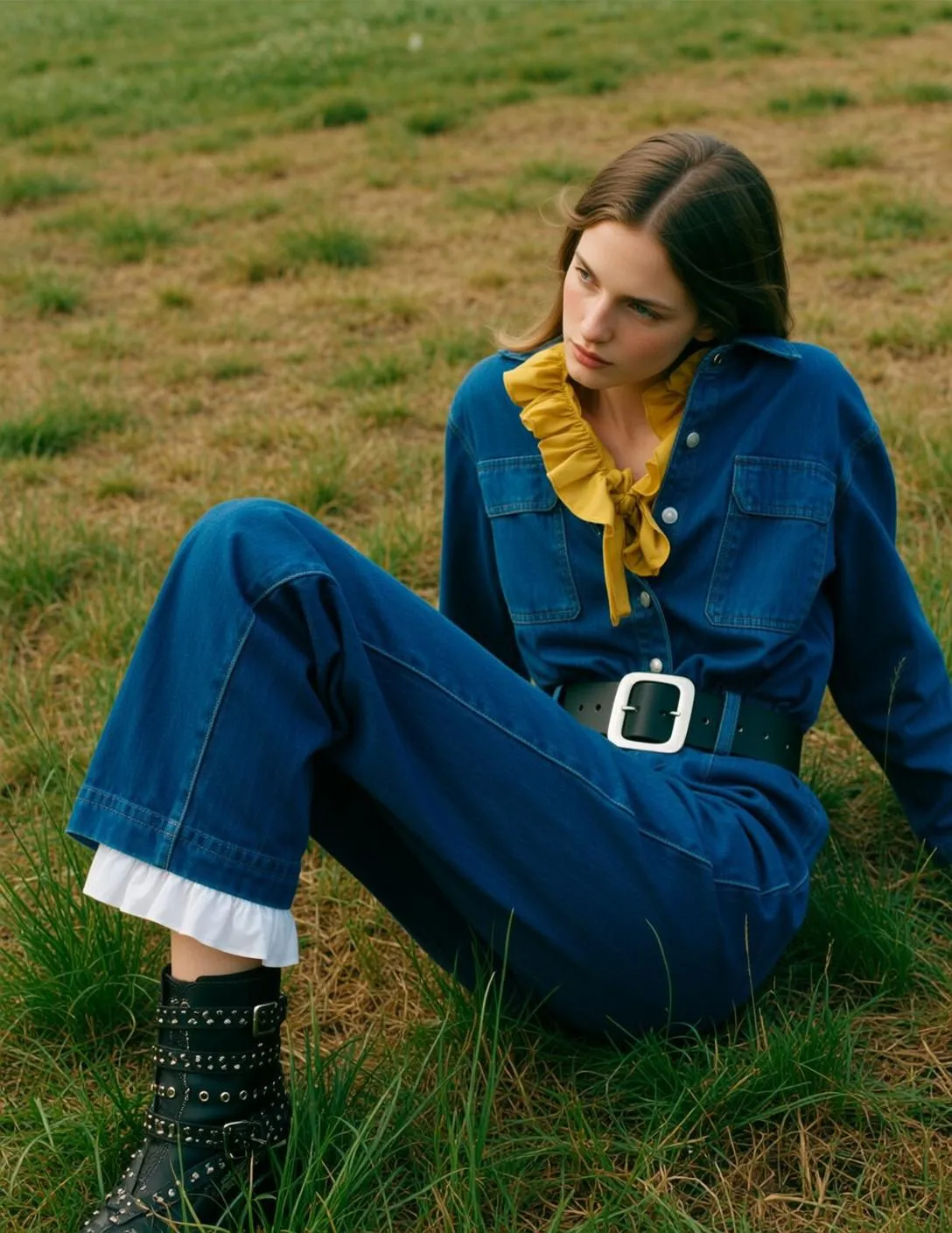 Explore Seated Grassy Field Her Body Oriented