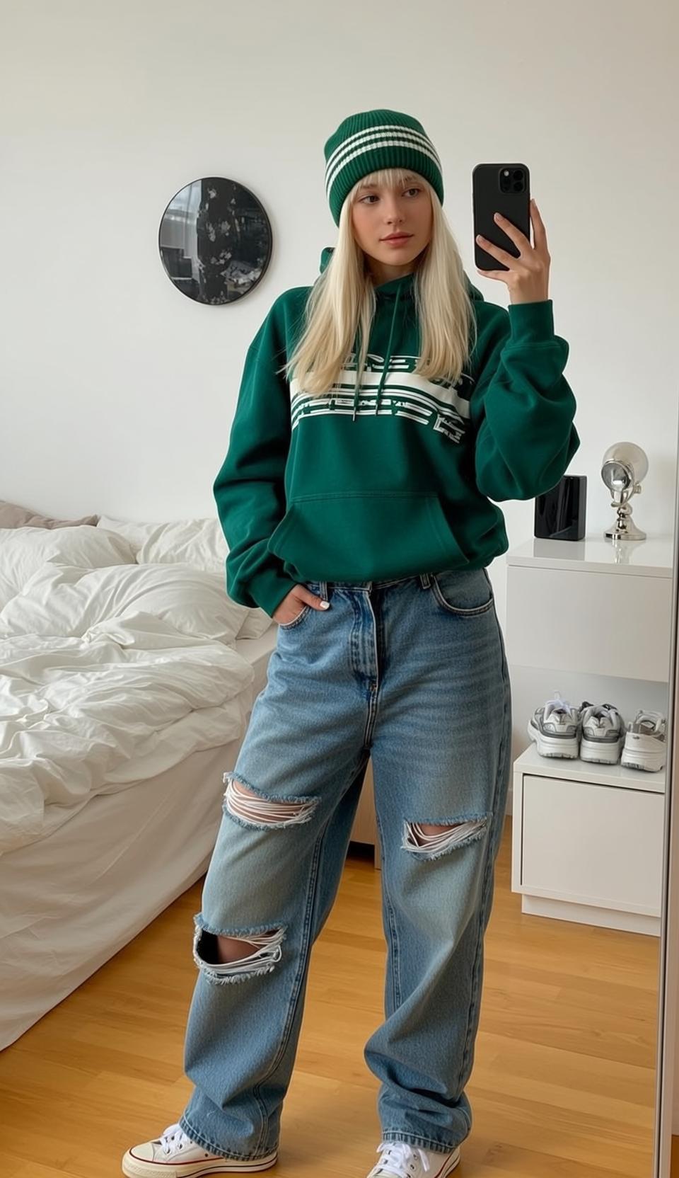 Green Hoodie Ripped Jeans Bedroom Natural Light