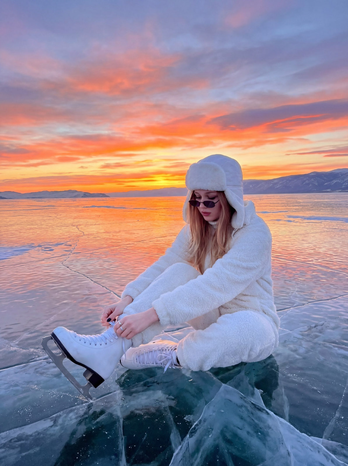 A woman in a winter jumpsuit and ushanka hat sits on the ice of Lake Baikal, tying her figure skates against a colorful sunset backdrop.