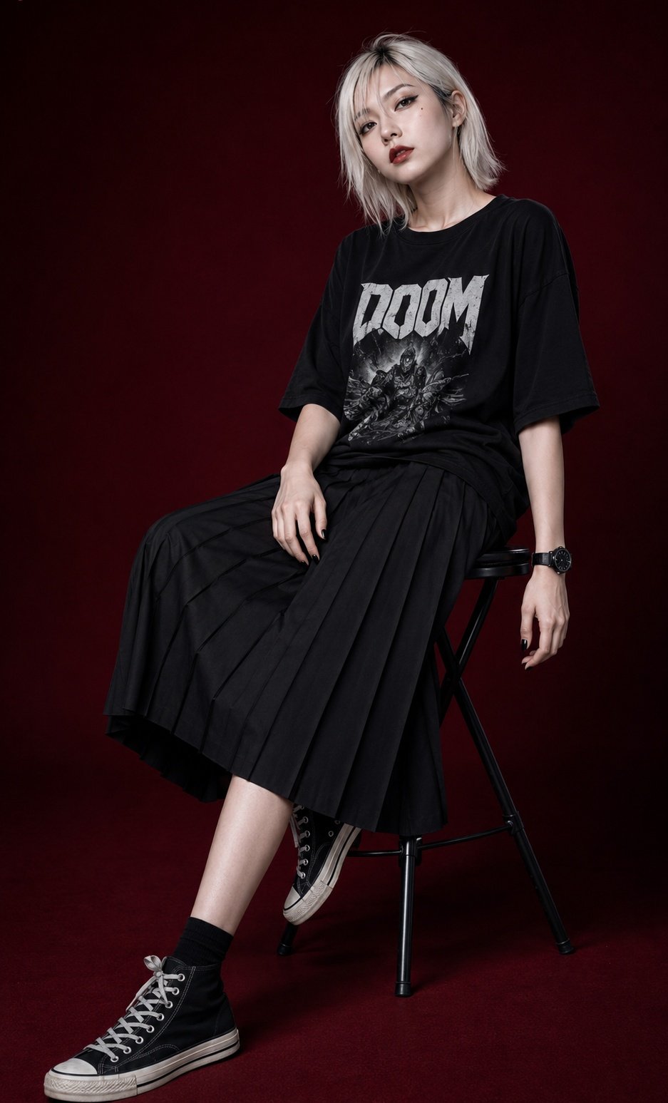 Seated On Stool Dark Maroon Studio Low Key Lighting