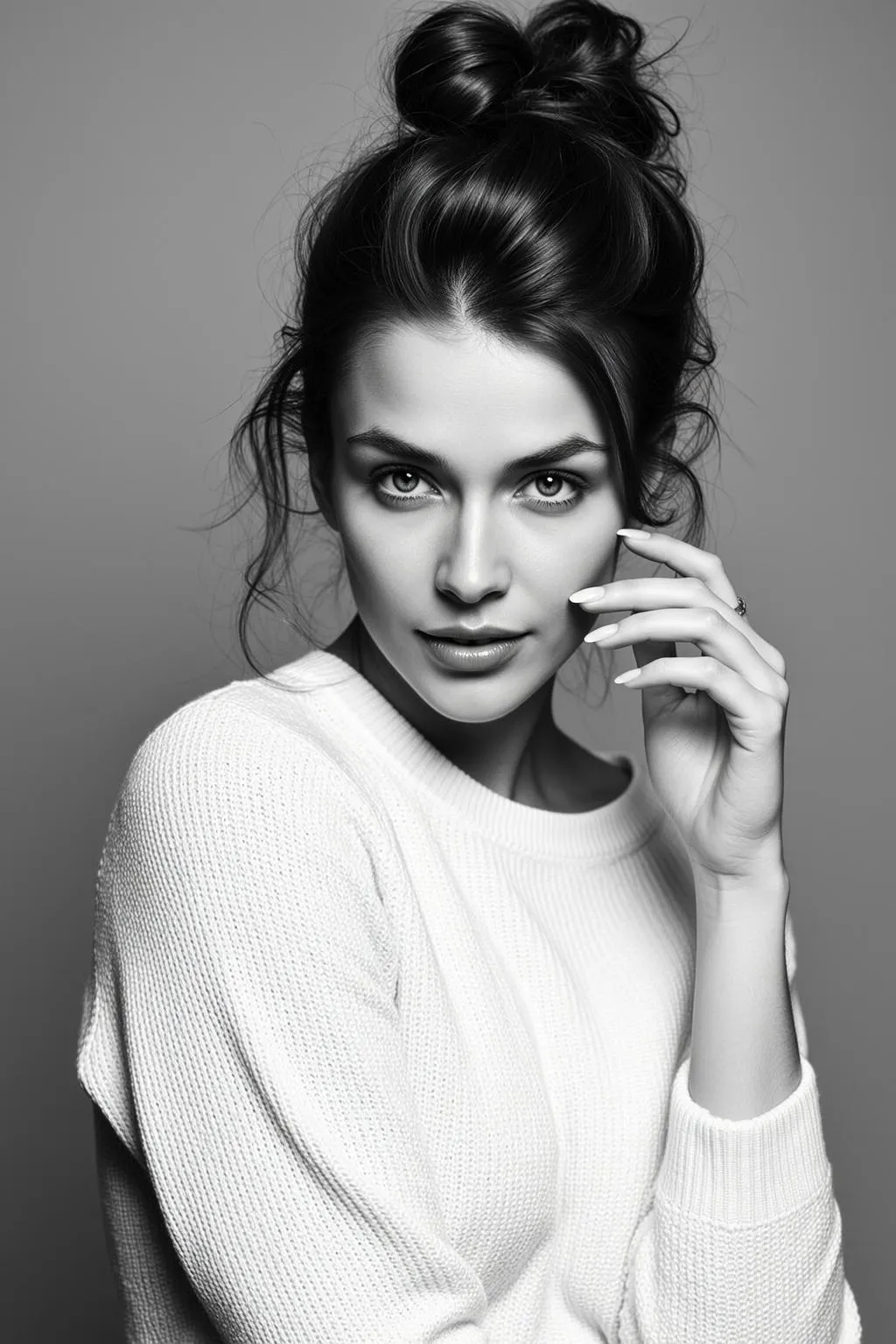 Black And White Medium Shot Portrait Young Woman With Dark