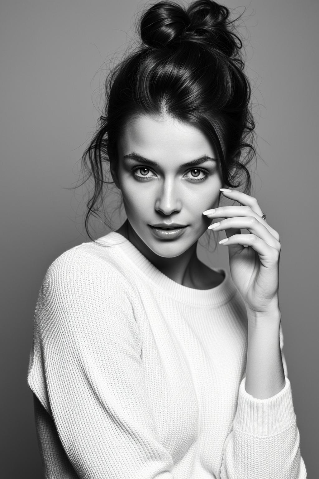 Black And White Medium Shot Portrait Young Woman With Dark