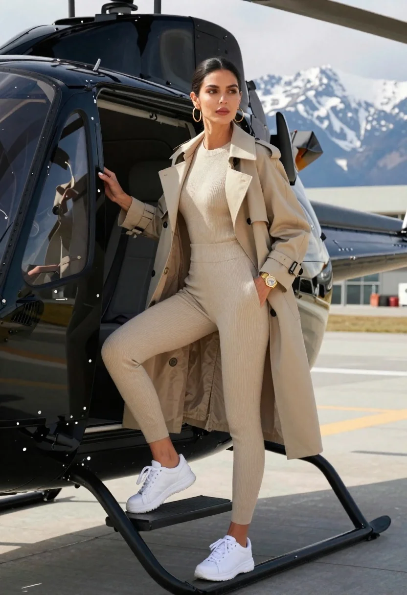 Confident Woman Stepping Out Black Helicopter Onto The Tarmac With