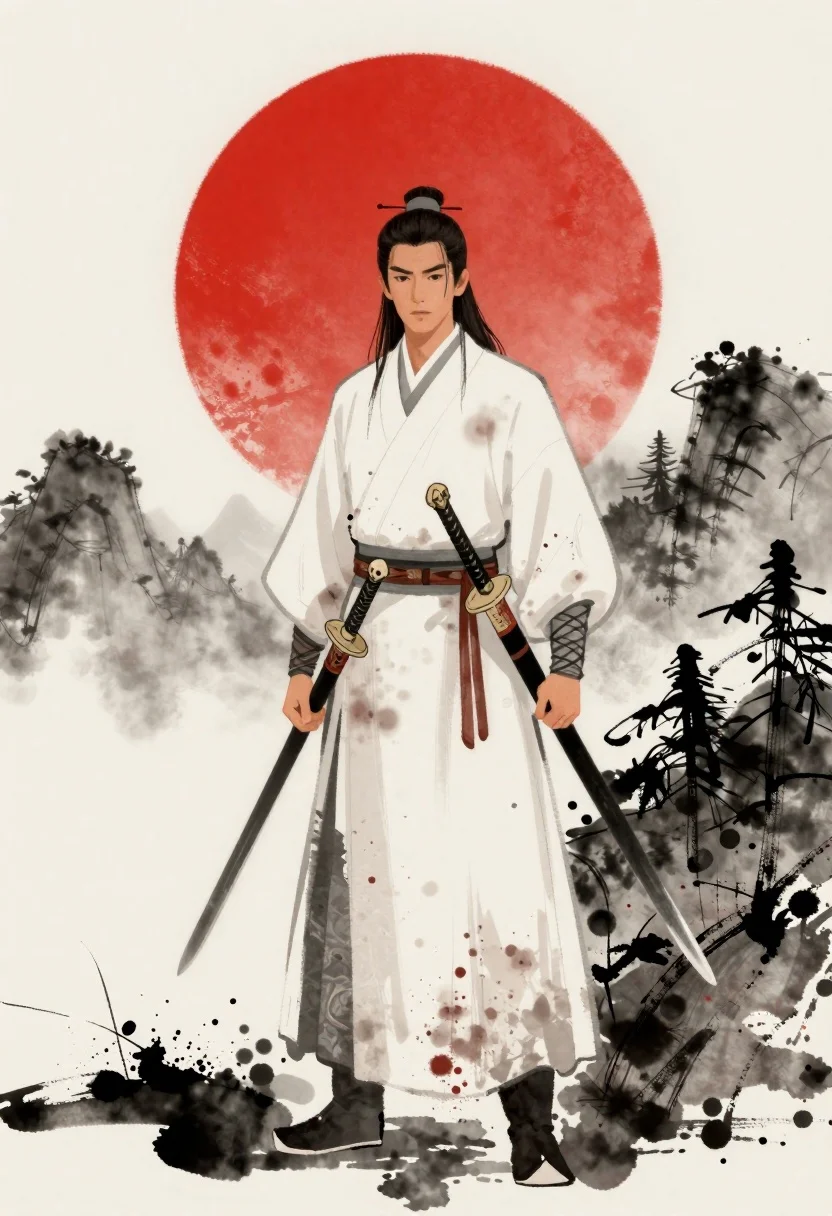 Digital Illustration Stoic Warrior Traditional Robes Standing Against Ink-wash Landscape reference photo