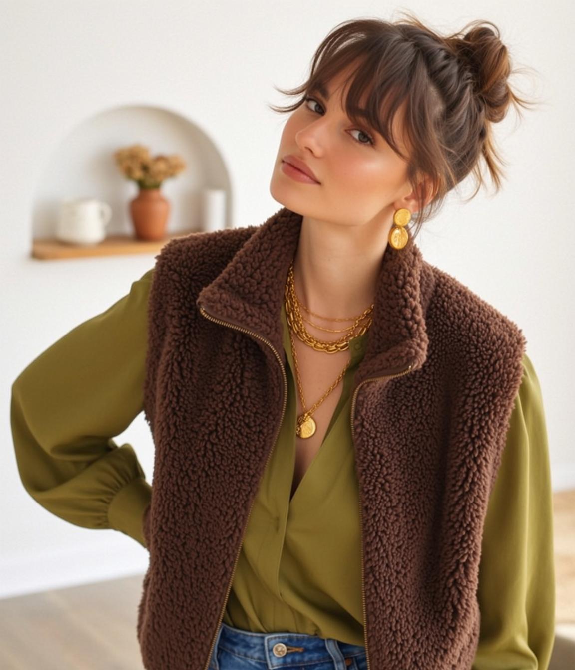 Autumn Young Brown Messy Bun Bangs Fair