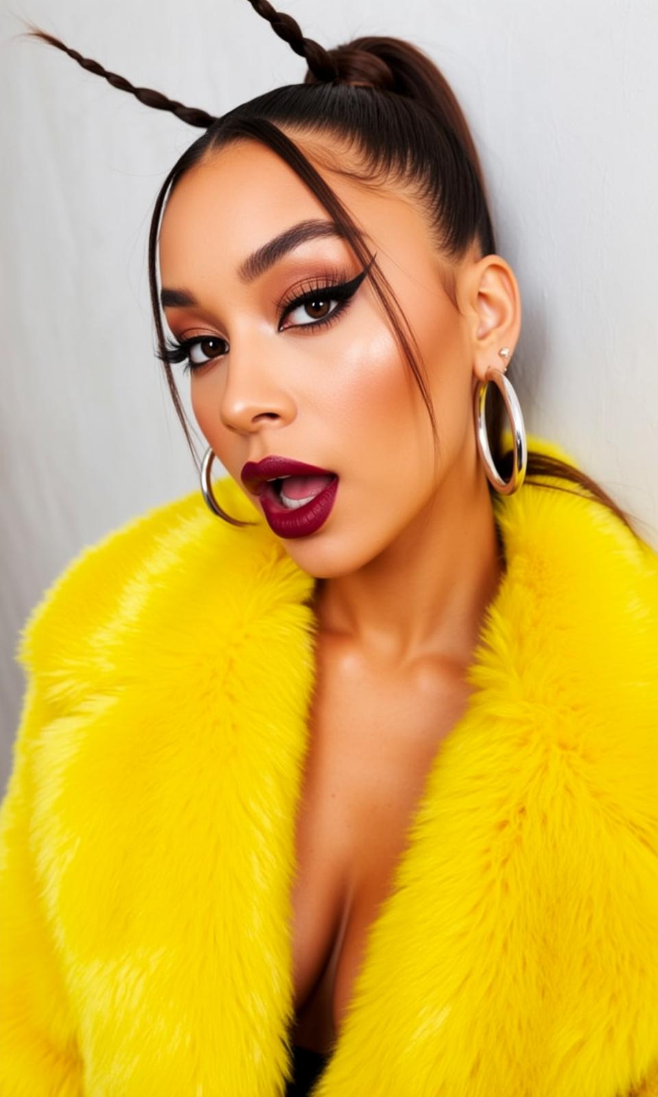 Portrait Young Woman With Dark Brown Hair Styled High Ponytail