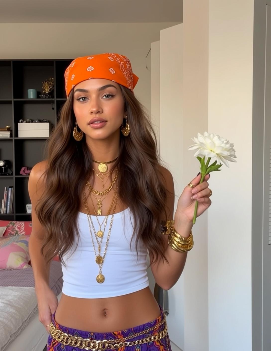White Tank Purple Pants Gold Jewelry Bedroom