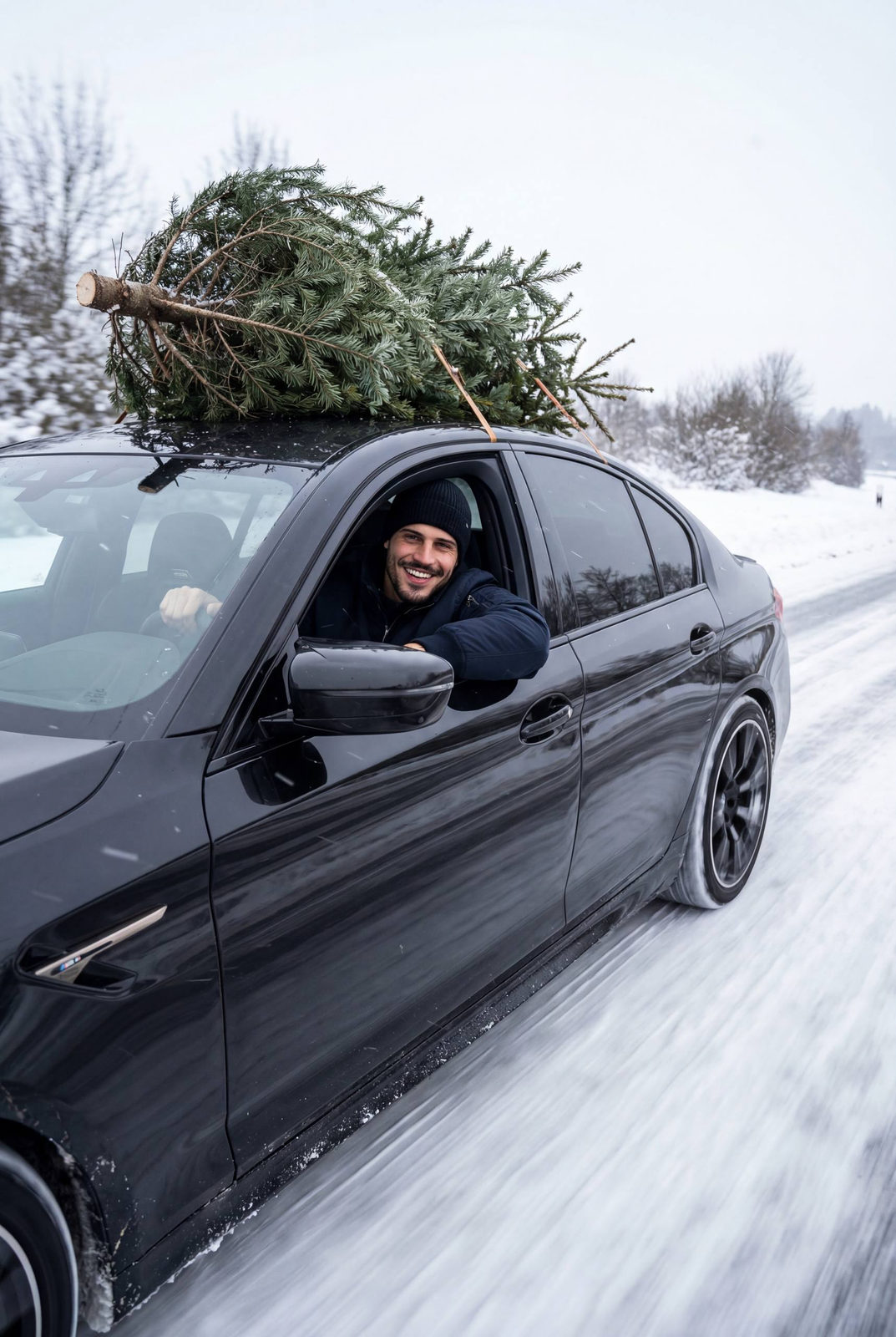 A black BMW M5 F90 driving on a snowy highway with a Christmas tree on the roof.