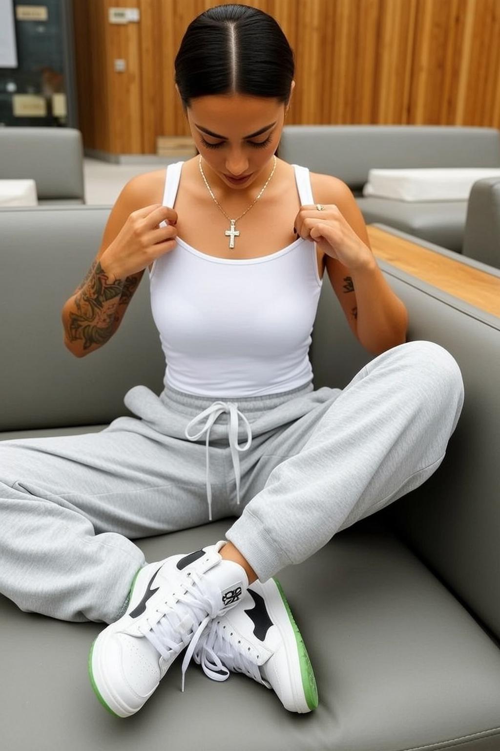 Explore Seated Grey Sofa Her Body Angled