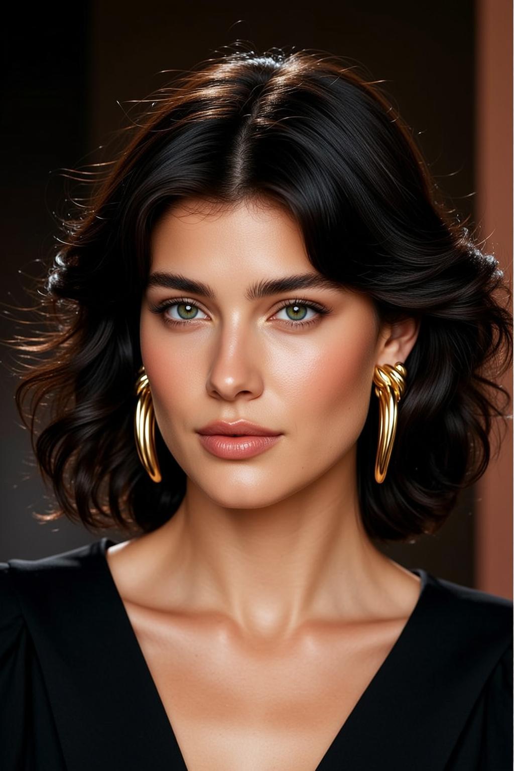 Studio Portrait Dark Hair Gold Earrings